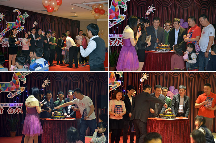 为生日的员工奉上蛋糕，董事长还为寿星们奉上优美礼物